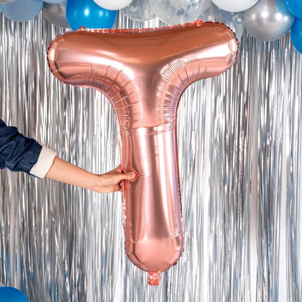 Balon Folie Metalizata Litera T, Klevo, 100 cm, Umflati cu Heliu sau Aer, Ambalaj Individual, Pai inclus, Rose Gold