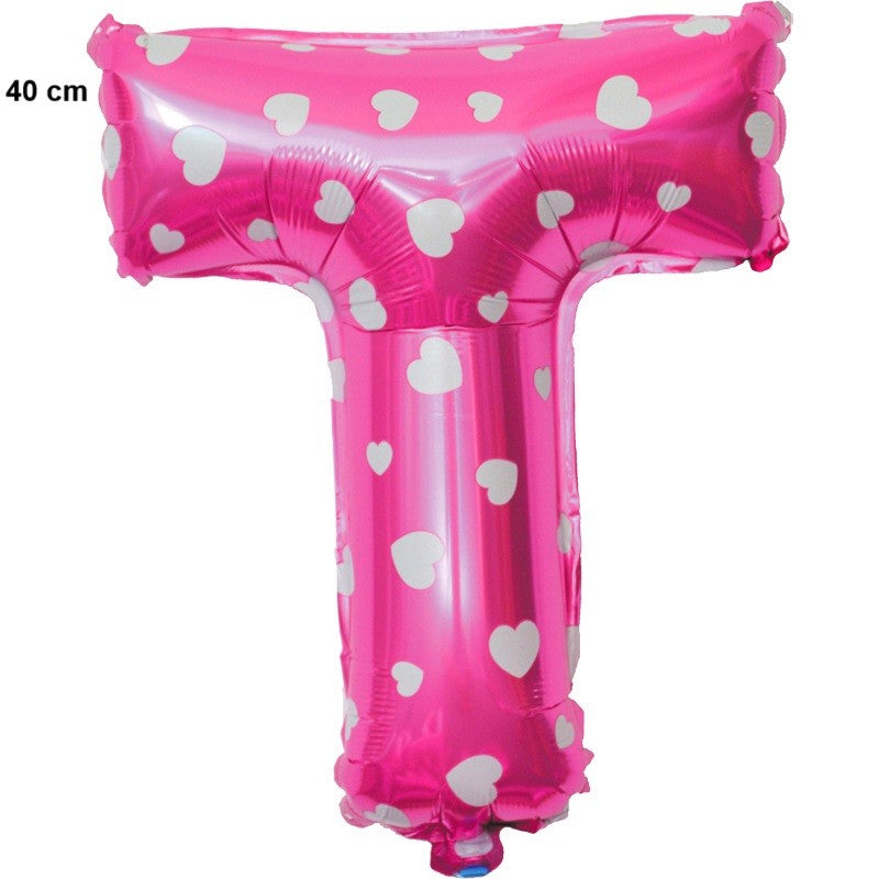 Balon Folie Metalizata Litera T, Klevo, 40 cm, Cu Imprimeu Inimioare, Umflati cu Heliu sau Aer, Ambalaj Individual, Pai inclus, Roz
