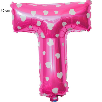 Balon Folie Metalizata Litera T, Klevo, 40 cm, Cu Imprimeu Inimioare, Umflati cu Heliu sau Aer, Ambalaj Individual, Pai inclus, Roz
