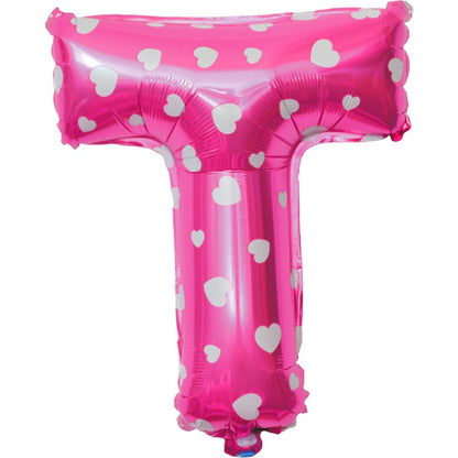 Balon Folie Metalizata Litera T, Klevo, 40 cm, Cu Imprimeu Inimioare, Umflati cu Heliu sau Aer, Ambalaj Individual, Pai inclus, Roz