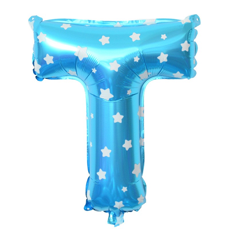 Balon Folie Metalizata Litera T, Klevo, 40 cm, Cu Imprimeu Stelute, Umflati cu Heliu sau Aer, Ambalaj Individual, Pai inclus, Albastru