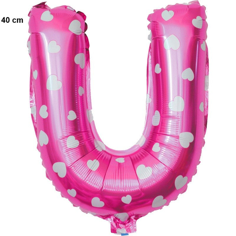 Balon Folie Metalizata Litera U, Klevo, 40 cm, Cu Imprimeu Inimioare, Umflati cu Heliu sau Aer, Ambalaj Individual, Pai inclus, Roz