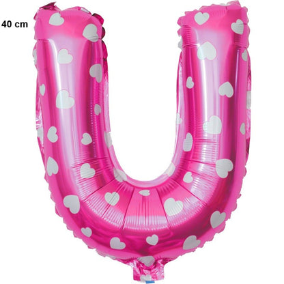 Balon Folie Metalizata Litera U, Klevo, 40 cm, Cu Imprimeu Inimioare, Umflati cu Heliu sau Aer, Ambalaj Individual, Pai inclus, Roz