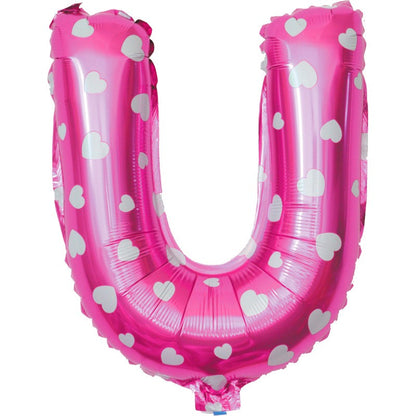Balon Folie Metalizata Litera U, Klevo, 40 cm, Cu Imprimeu Inimioare, Umflati cu Heliu sau Aer, Ambalaj Individual, Pai inclus, Roz