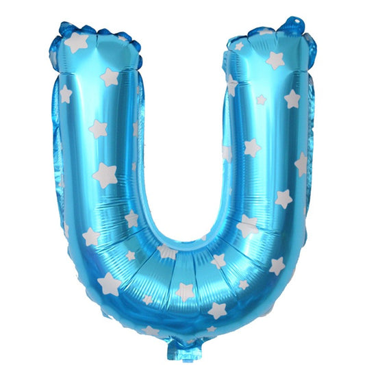 Balon Folie Metalizata Litera U, Klevo, 40 cm, Cu Imprimeu Stelute, Umflati cu Heliu sau Aer, Ambalaj Individual, Pai inclus, Albastru