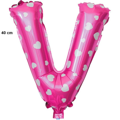 Balon Folie Metalizata Litera V, Klevo, 40 cm, Cu Imprimeu Inimioare, Umflati cu Heliu sau Aer, Ambalaj Individual, Pai inclus, Roz