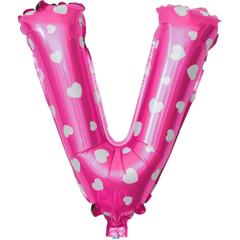 Balon Folie Metalizata Litera V, Klevo, 40 cm, Cu Imprimeu Inimioare, Umflati cu Heliu sau Aer, Ambalaj Individual, Pai inclus, Roz