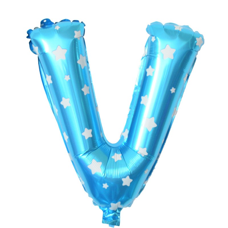 Balon Folie Metalizata Litera V, Klevo, 40 cm, Cu Imprimeu Stelute, Umflati cu Heliu sau Aer, Ambalaj Individual, Pai inclus, Albastru