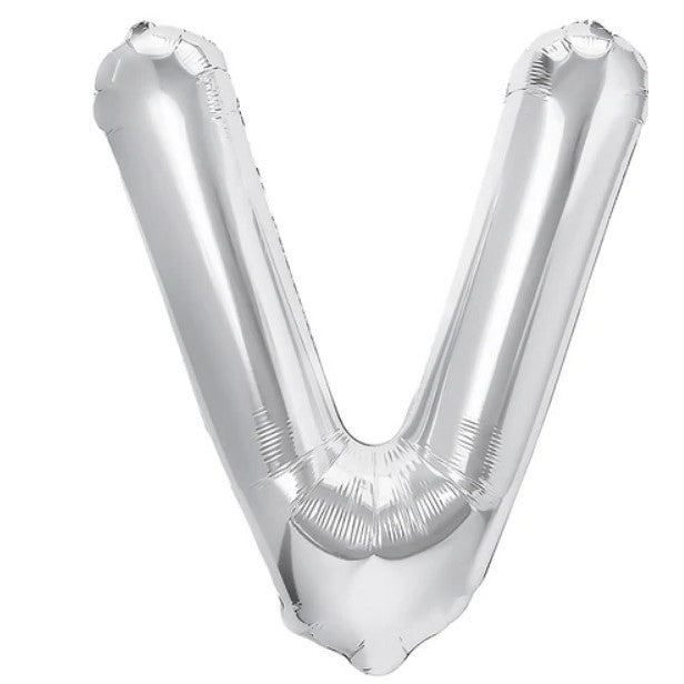 Balon Folie Metalizata Litera V, Klevo, 80 cm, Umflati cu Heliu sau Aer, Ambalaj Individual, Pai inclus, Argintiu