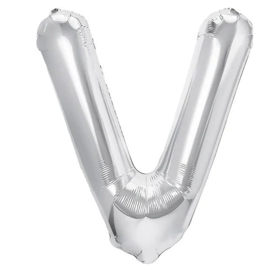 Balon Folie Metalizata Litera V, Klevo, 80 cm, Umflati cu Heliu sau Aer, Ambalaj Individual, Pai inclus, Argintiu