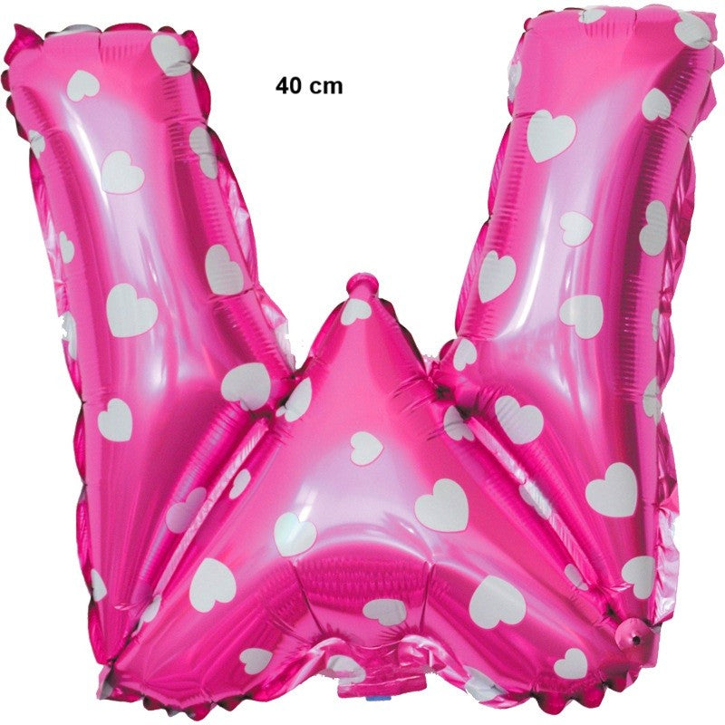 Balon Folie Metalizata Litera W, Klevo, 40 cm, Cu Imprimeu Inimioare, Umflati cu Heliu sau Aer, Ambalaj Individual, Pai inclus, Roz