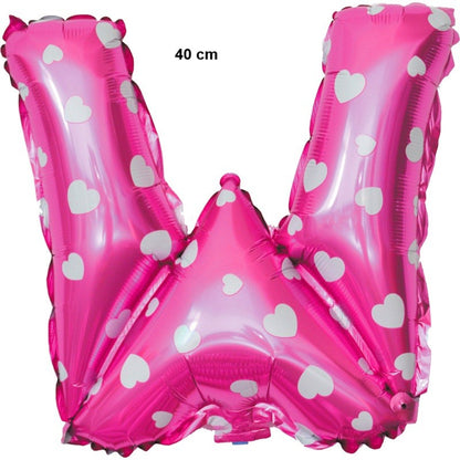 Balon Folie Metalizata Litera W, Klevo, 40 cm, Cu Imprimeu Inimioare, Umflati cu Heliu sau Aer, Ambalaj Individual, Pai inclus, Roz