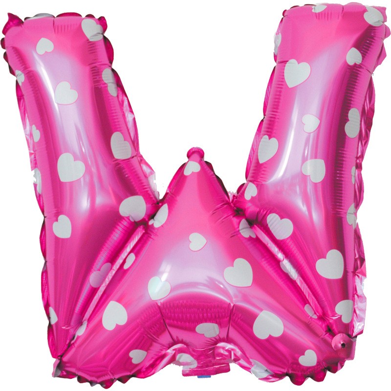 Balon Folie Metalizata Litera W, Klevo, 40 cm, Cu Imprimeu Inimioare, Umflati cu Heliu sau Aer, Ambalaj Individual, Pai inclus, Roz