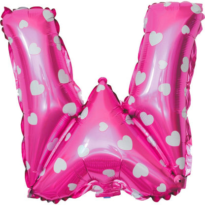 Balon Folie Metalizata Litera W, Klevo, 40 cm, Cu Imprimeu Inimioare, Umflati cu Heliu sau Aer, Ambalaj Individual, Pai inclus, Roz