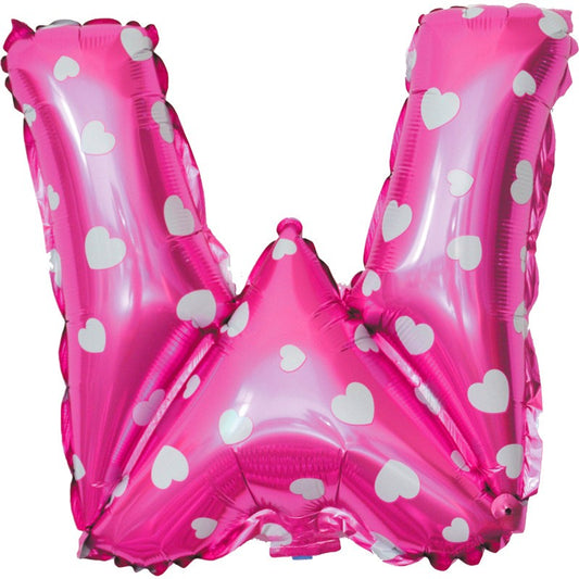 Balon Folie Metalizata Litera W, Klevo, 40 cm, Cu Imprimeu Inimioare, Umflati cu Heliu sau Aer, Ambalaj Individual, Pai inclus, Roz