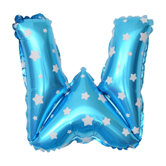 Balon Folie Metalizata Litera W, Klevo, 40 cm, Cu Imprimeu Stelute, Umflati cu Heliu sau Aer, Ambalaj Individual, Pai inclus, Albastru
