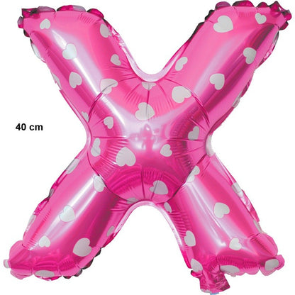 Balon Folie Metalizata Litera X, Klevo, 40 cm, Cu Imprimeu Inimioare, Umflati cu Heliu sau Aer, Ambalaj Individual, Pai inclus, Roz
