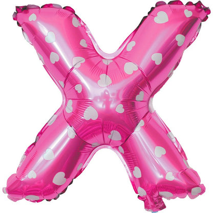 Balon Folie Metalizata Litera X, Klevo, 40 cm, Cu Imprimeu Inimioare, Umflati cu Heliu sau Aer, Ambalaj Individual, Pai inclus, Roz