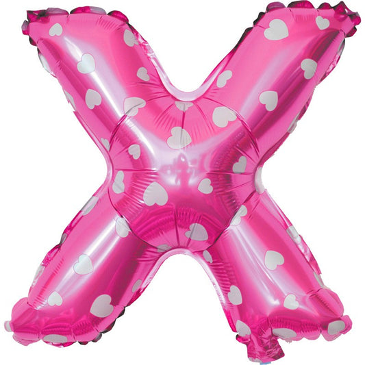 Balon Folie Metalizata Litera X, Klevo, 40 cm, Cu Imprimeu Inimioare, Umflati cu Heliu sau Aer, Ambalaj Individual, Pai inclus, Roz
