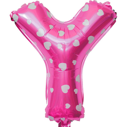 Balon Folie Metalizata Litera Y, Klevo, 40 cm, Cu Imprimeu Inimioare, Umflati cu Heliu sau Aer, Ambalaj Individual, Pai inclus, Roz