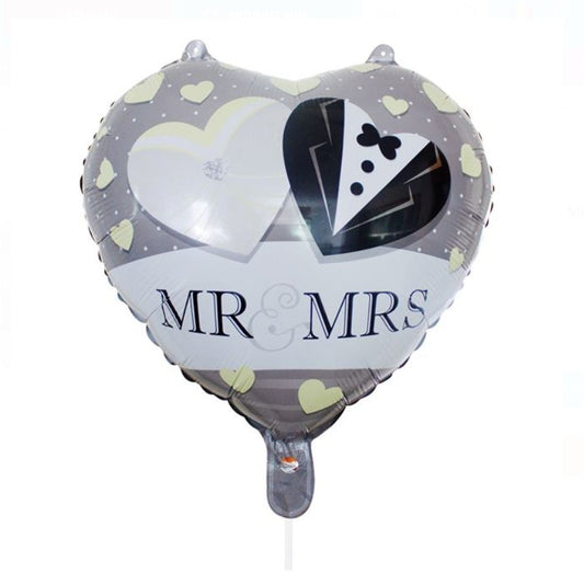 Balon din Folie Metalizata, Klevo, Figurina Inima, Model Mr&Mrs, Tema Nunta, 45 cm, Ambalaj Individual, Pai Inclus, Umflare cu Aer sau Heliu, Gri