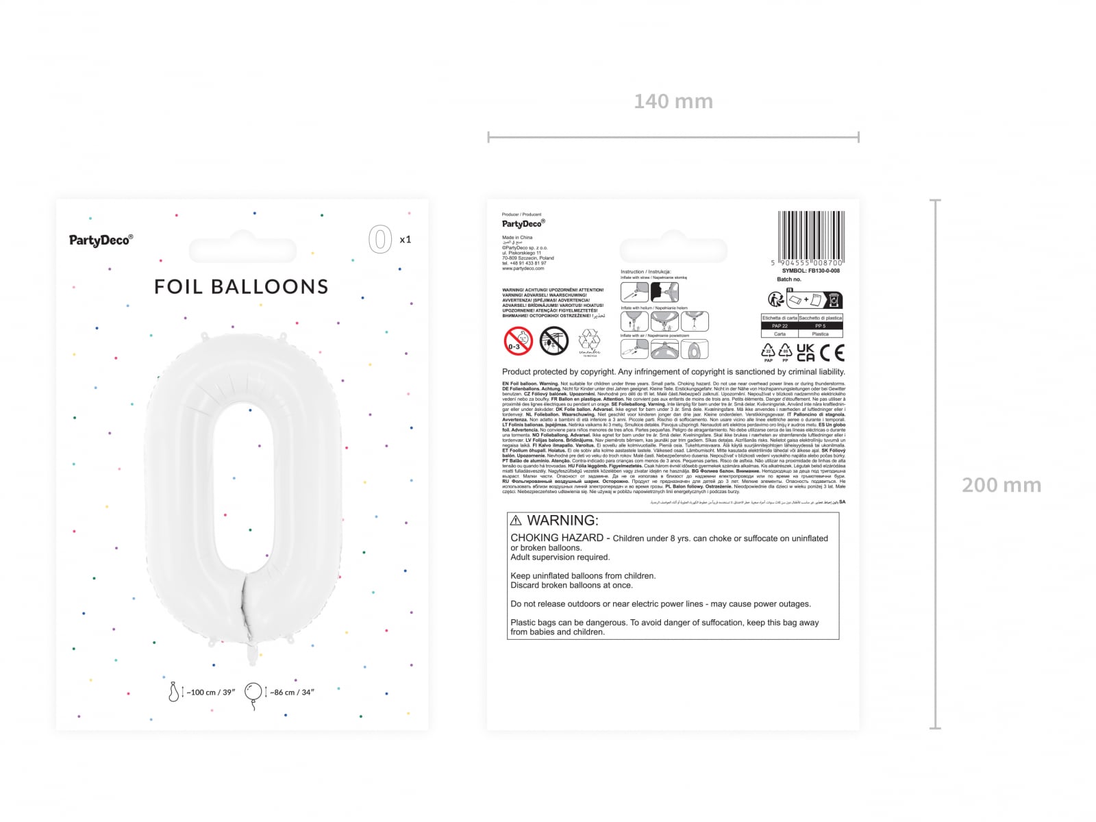 Balon folie Numărul "0", 86 cm, alb (1 pachet / 1 buc.)