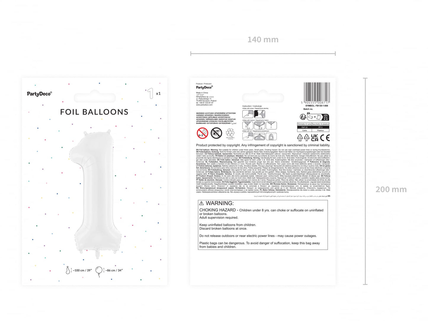 Balon folie Numărul "1", 86 cm, alb (1 pachet / 1 buc.)