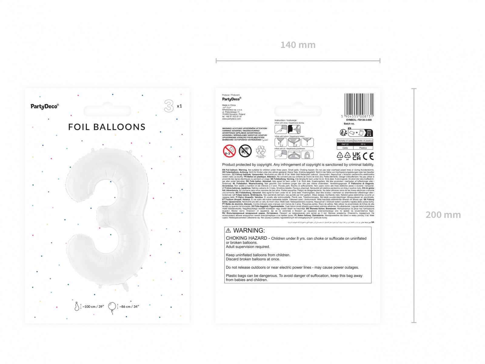 Balon folie Numărul "3", 86 cm, alb (1 pachet / 1 buc.)
