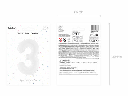 Balon folie Numărul "3", 86 cm, alb (1 pachet / 1 buc.)