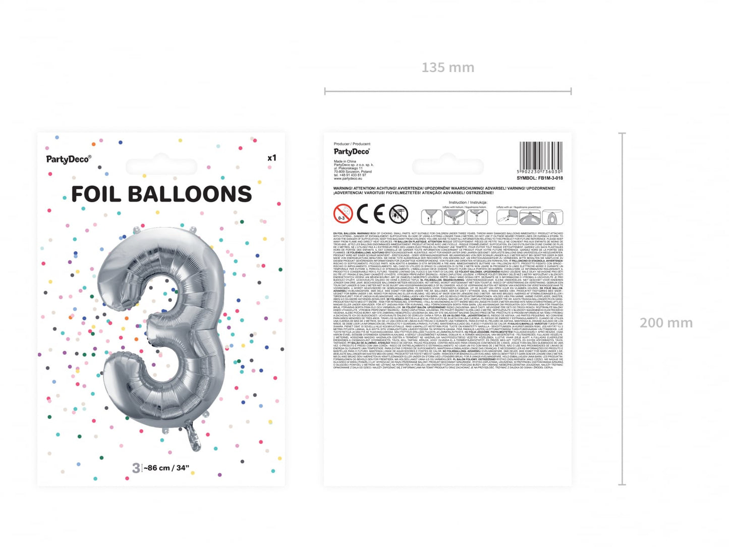 Balon folie Numărul "3", 86 cm, argintiu (1 pachet / 1 buc.)