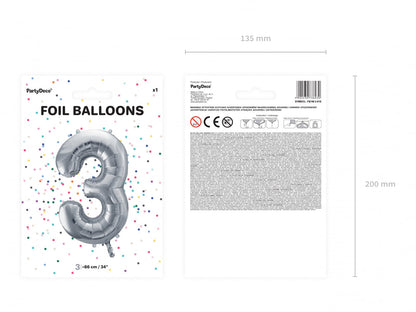 Balon folie Numărul "3", 86 cm, argintiu (1 pachet / 1 buc.)