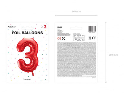 Balon folie Numărul "3", 86 cm, roșu (1 pachet / 1 buc.)