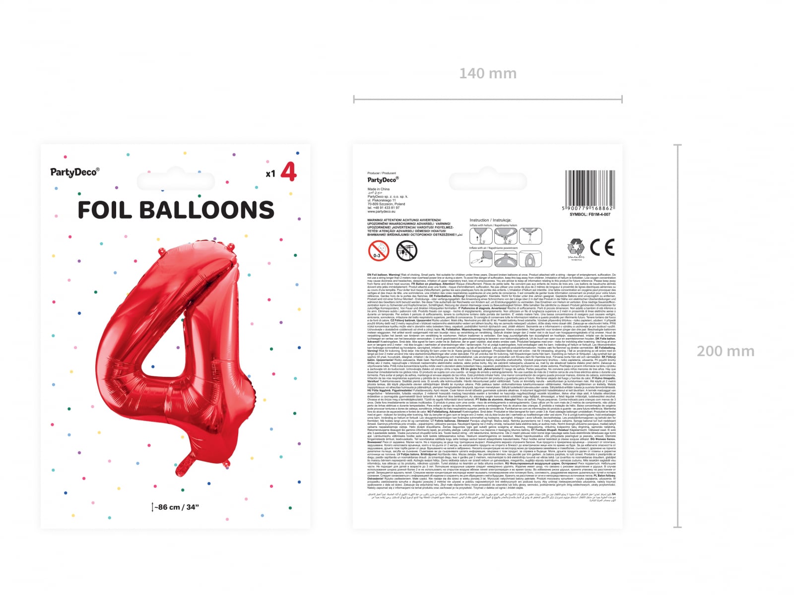 Balon folie Numărul "4", 86 cm, roșu (1 pachet / 1 buc.)