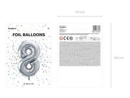Balon folie Numărul "8", 86 cm, argintiu (1 pachet / 1 buc.)