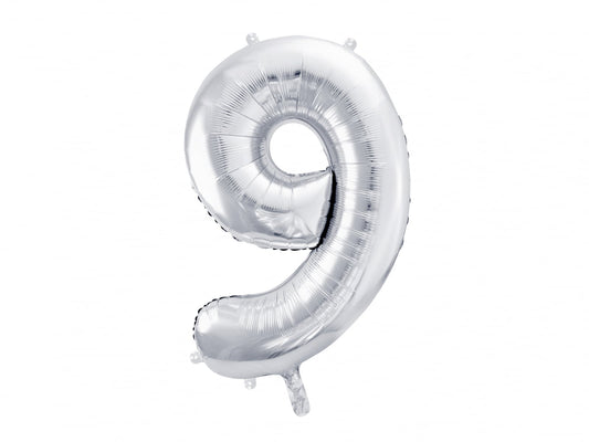 Balon folie Numarul "9", 86 cm, argintiu (1 pachet / 1 buc.)