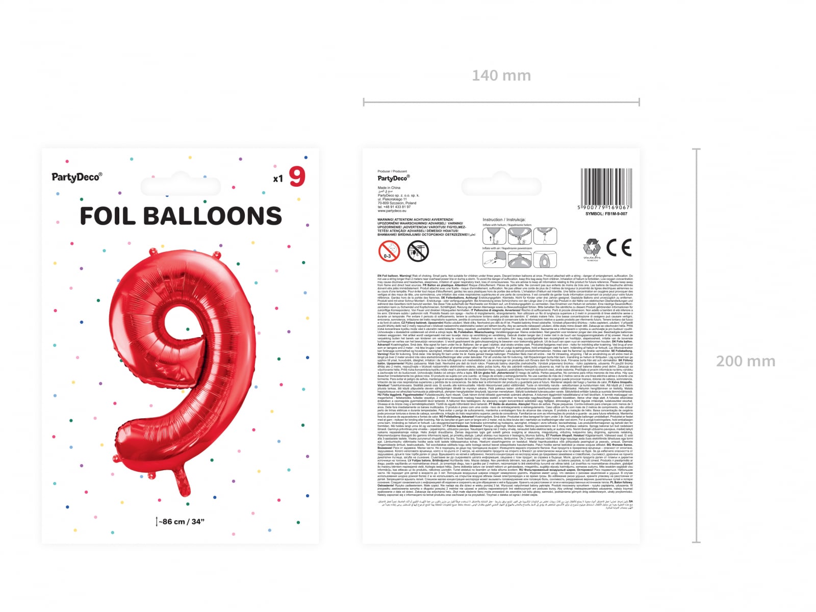 Balon folie Numărul "9", 86 cm, roșu (1 pachet / 1 buc.)