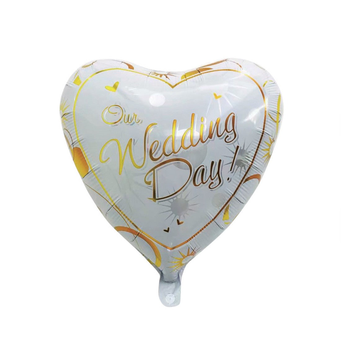 Balon din Folie Metalizata, Klevo, Figurina Inima, Model Our Wedding Day, Tema Nunta, 45 cm, Ambalaj Individual, Pai Inclus, Umflare cu Aer sau Heliu, Alb/Auriu