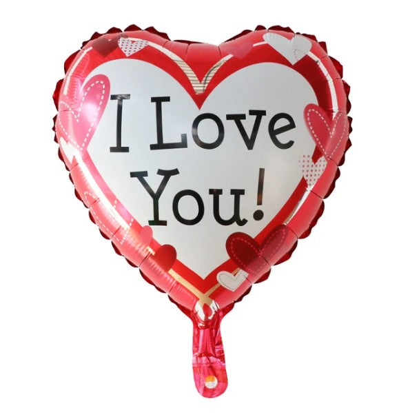 Balon din Folie Metalizata, Klevo, Figurina Inima, Model I Love You, Tema Ziua Indragostitilor, 45 cm, Ambalaj Individual, Pai Inclus, Umflare cu Aer sau Heliu, Rosu/Alb