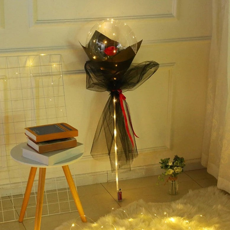 Trandafir in Balon LED cu Lumini, Klevo, Tip Buchet, Diametru 35 cm, Rosu