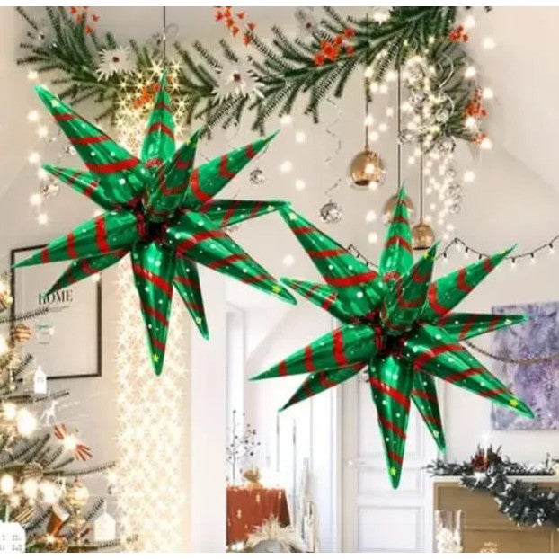 Balon Stea, Klevo, din Folie de Aluminiu, Tema Craciun, 12 Varfuri, 65 x 23 cm, Verde/Rosu