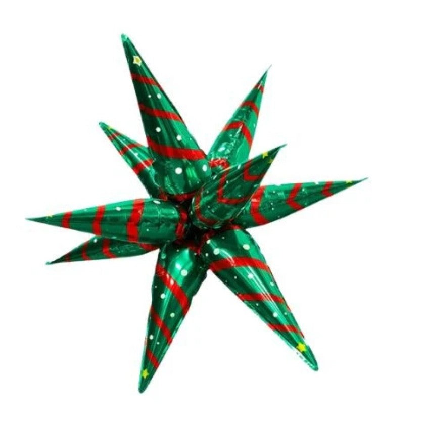 Balon Stea, Klevo, din Folie de Aluminiu, Tema Craciun, 12 Varfuri, 65 x 23 cm, Verde/Rosu