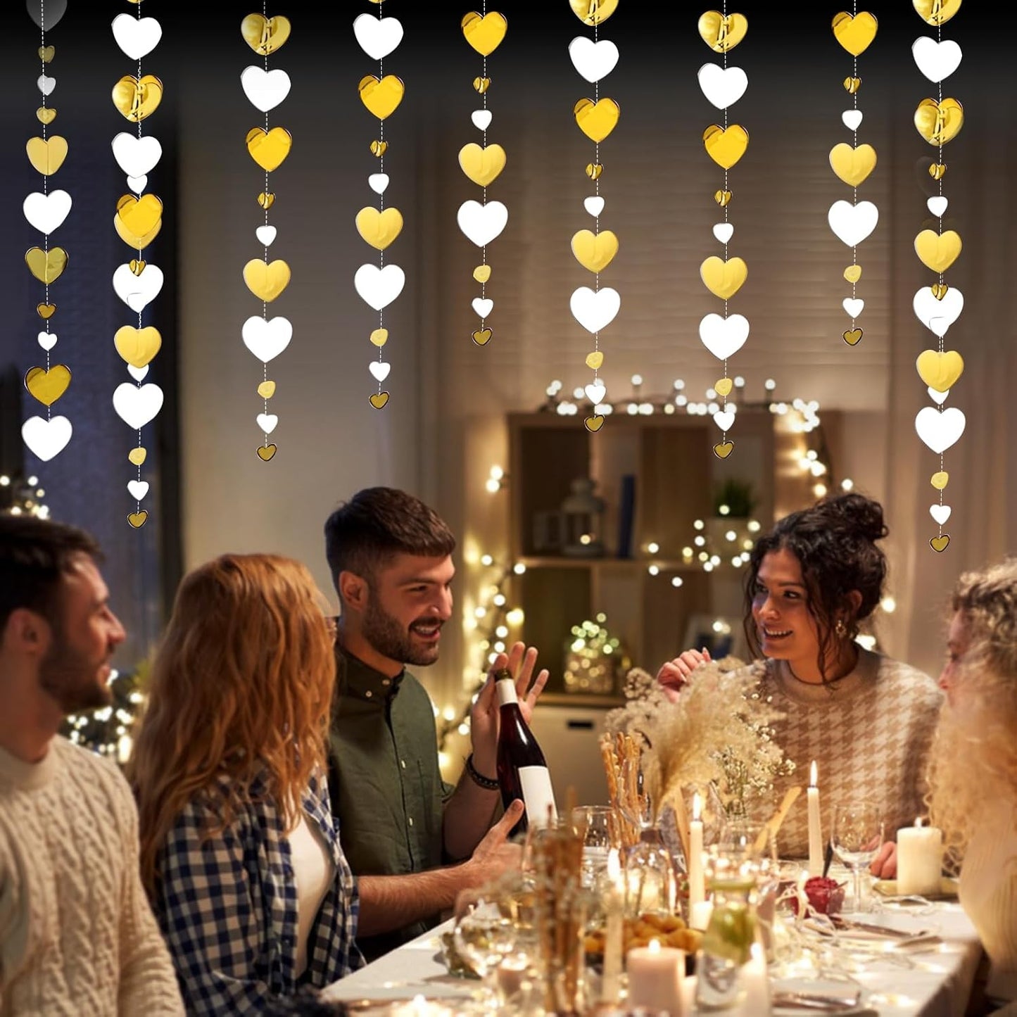 Banner cu Inimioare, Klevo, Tip Franjuri, 4 m, Rola de Ata Inclusa, Auriu/Alb