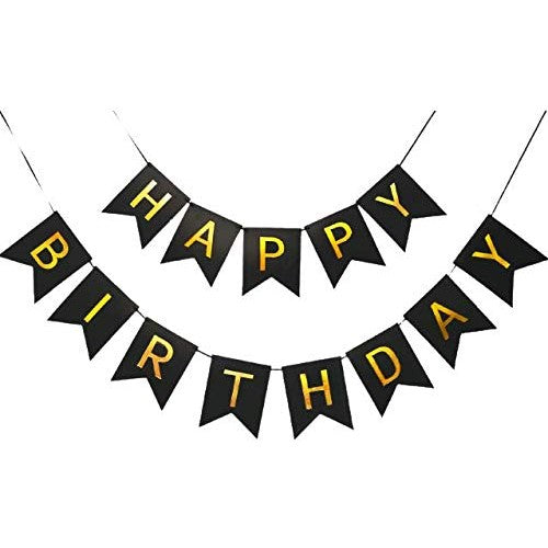 Banner Happy Birthday 100x200 cm, Klevo, Dimensiune Stegulet 11.5x16.5 cm, Rola de Ata Inclusa, Negru
