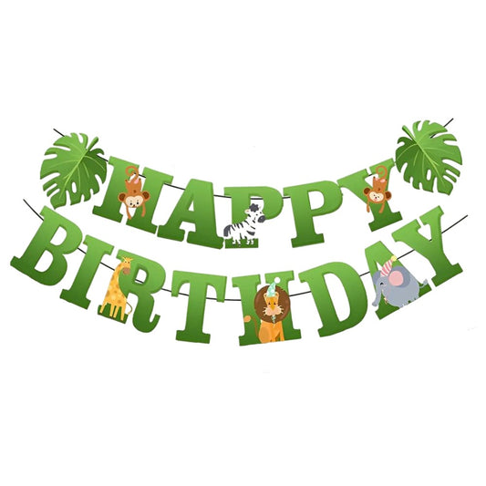 Banner Happy Birthday 100x200 cm, Klevo, Rola de Ata Inclusa, Tematica Jungle, Verde