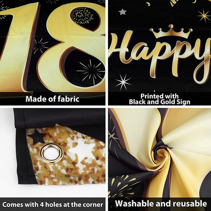 Banner pentru Petrecere, Klevo, Model Happy Birthday, Tematica Majorat, Aniversare 18 Ani, 185x90 cm, Negru