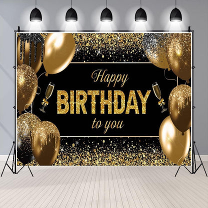 Banner Tip Fundal pentru Poze, Klevo, din Panza, 185 x 110 cm, Sfoara 6 m, Prindere in 4 Colturi, Happy Birthday to You, Negru/Auriu