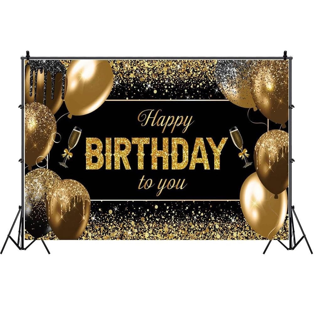 Banner Tip Fundal pentru Poze, Klevo, din Panza, 185 x 110 cm, Sfoara 6 m, Prindere in 4 Colturi, Happy Birthday to You, Negru/Auriu