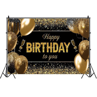 Banner Tip Fundal pentru Poze, Klevo, din Panza, 185 x 110 cm, Sfoara 6 m, Prindere in 4 Colturi, Happy Birthday to You, Negru/Auriu