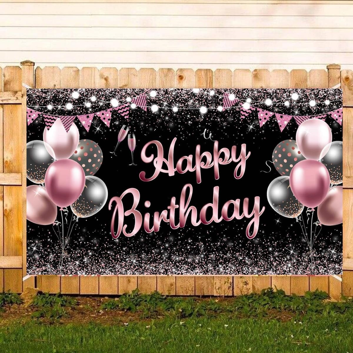 Banner Tip Fundal pentru Poze, Klevo, din Panza, 185 x 110 cm, Sfoara 6 m, Prindere in 4 Colturi, Negru/Roz