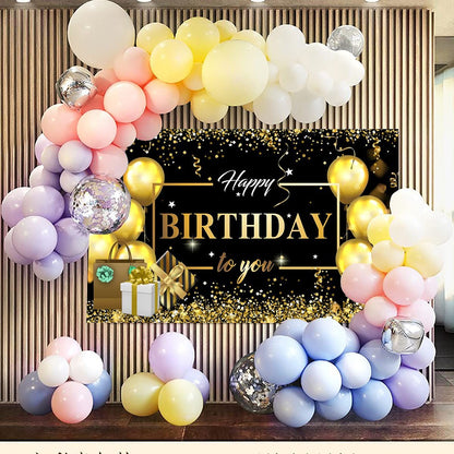 Banner Tip Fundal pentru Poze, Klevo, din Panza, Model Happy Birthday to You, 185 x 110 cm, Sfoara 6 m, Prindere in 4 Colturi, Negru/Auriu